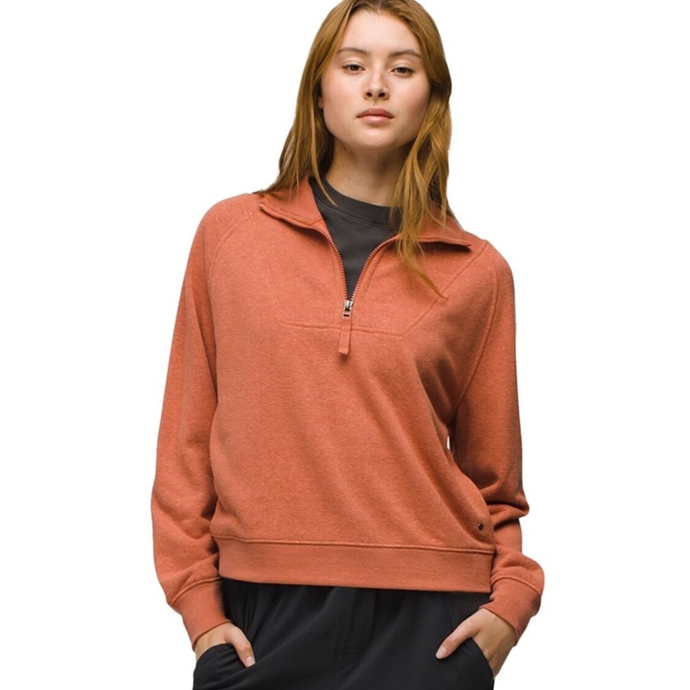 PrAna Womens M Cozy Up Sweatshirt 1/4 Zip Pink Orange Pullover Athleisure Golf